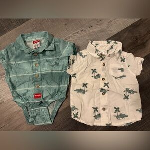 Wrangler Green Button-Up Bodysuit & White Alligator Palm Tree Print Shirt Set